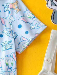 TOM & JERRY X SHEIN 男婴卡通图案蓝色可爱搞笑短袖T恤和可爱围兜工作服套装 - 彩色 - 查看 6