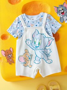 TOM & JERRY X SHEIN 男婴卡通图案蓝色可爱搞笑短袖T恤和可爱围兜工作服套装 - 彩色 - 查看 4