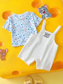 TOM & JERRY X SHEIN 男婴卡通图案蓝色可爱搞笑短袖T恤和可爱围兜工作服套装 - 彩色 - 查看 3