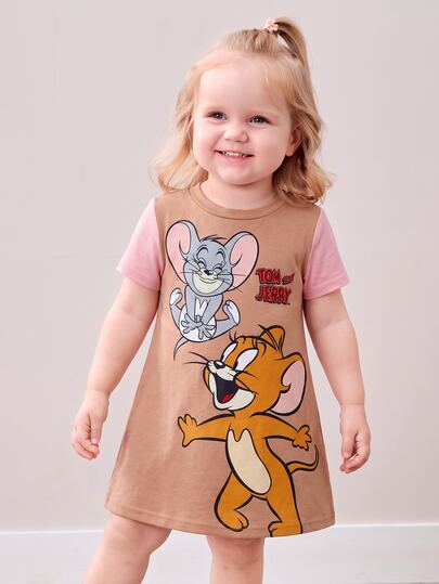 TOM & JERRY X SHEIN Vestido de manga corta con estampado de ratón de dibujos animados, color marrón y rosa, para niña bebé