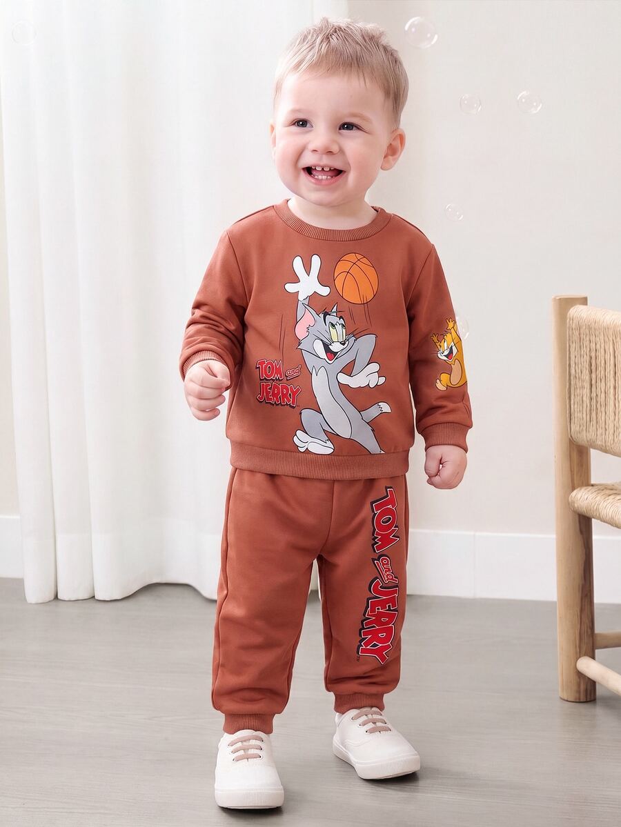 TOM & JERRY X SHEIN Baby Boy Cartoon Print Crew Neck Sweatshirt And Pants Set - Brown - View 1