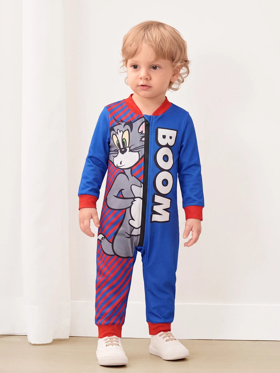 TOM & JERRY X SHEIN Baby Boy 1pc Fun Casual Cartoon Print Long Sleeve Zipper Jumpsuit - Multicolor - View 1