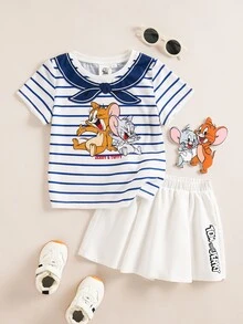 TOM & JERRY X SHEIN 2pcs/Set Young Girl Casual Cartoon & Striped Print Round Neck Short Sleeve T-Shirt And White Shorts Set - Multicolor - View 2