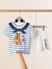 TOM & JERRY X SHEIN 2pcs/Set Young Girl Casual Cartoon & Striped Print Round Neck Short Sleeve T-Shirt And White Shorts Set - Multicolor - View 4