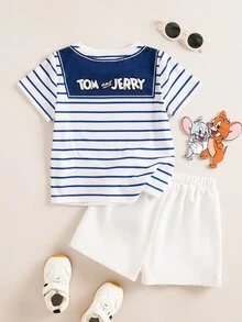 TOM & JERRY X SHEIN 2pcs/Set Young Girl Casual Cartoon & Striped Print Round Neck Short Sleeve T-Shirt And White Shorts Set - Multicolor - View 3
