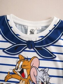TOM & JERRY X SHEIN 2pcs/Set Young Girl Casual Cartoon & Striped Print Round Neck Short Sleeve T-Shirt And White Shorts Set - Multicolor - View 5