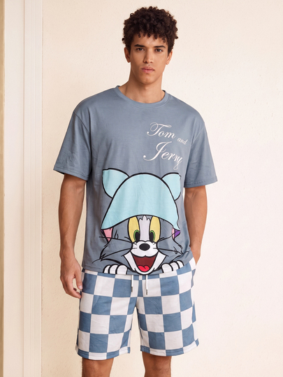 TOM & JERRY X SHEIN Men's Round Neck Short Sleeve Top And Shorts Pajama Set
