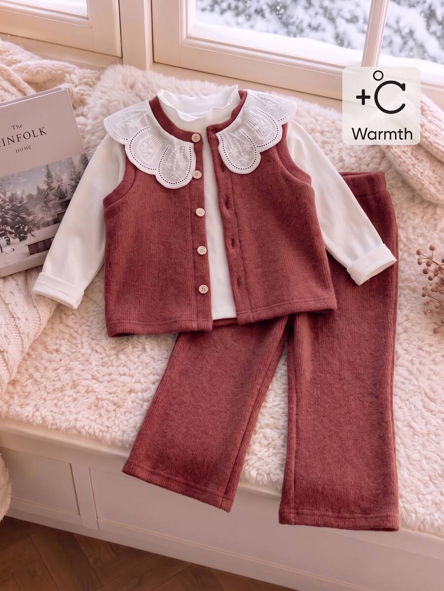 SHEIN 3pcs Atasan Lapisan Dasar Warna Polos dengan Kerah Ruffle untuk Anak Perempuan + Rompi Kancing Depan Kasual Berkerah Renda dan Celana Panjang Lurus Warna Polos - Burgundy - View 1