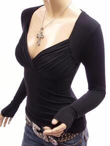 Attitoon Women's Solid Color Pleated Long Sleeve Casual Versatile T-Shirt - Black - View 1