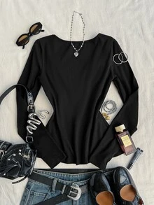 Attitoon Women's Solid Color Pleated Long Sleeve Casual Versatile T-Shirt - Black - View 3