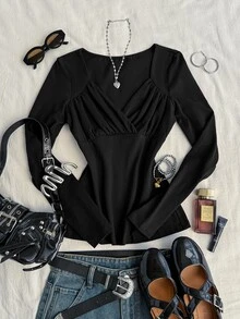 Attitoon Women's Solid Color Pleated Long Sleeve Casual Versatile T-Shirt - Black - View 2