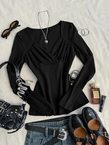 Attitoon Women's Solid Color Pleated Long Sleeve Casual Versatile T-Shirt - Black - View 6