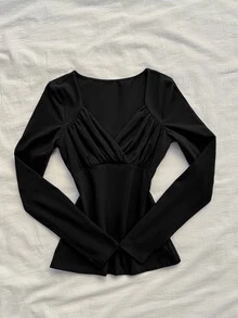 Attitoon Women's Solid Color Pleated Long Sleeve Casual Versatile T-Shirt - Black - View 7