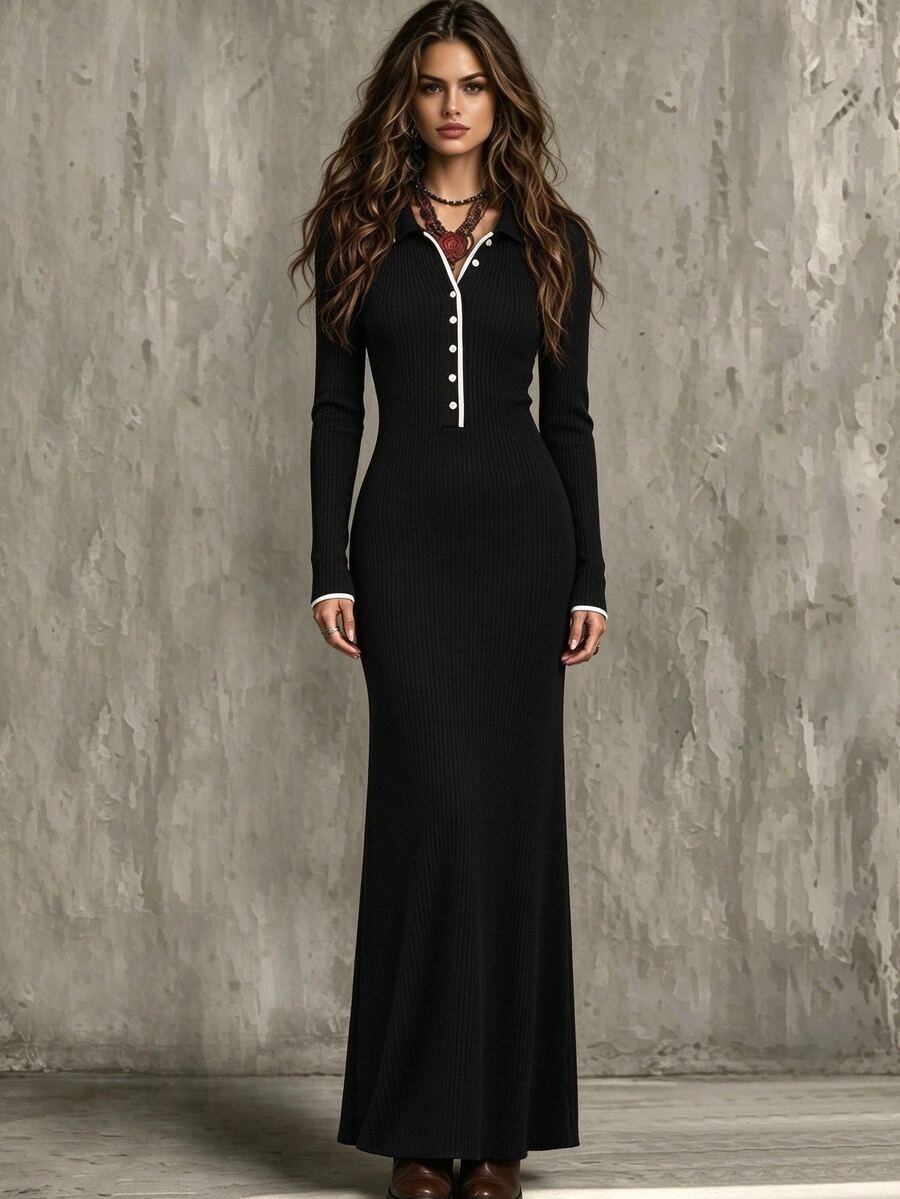 Elyressa Women's Front Button Long Sleeve Dress - Black - View 1