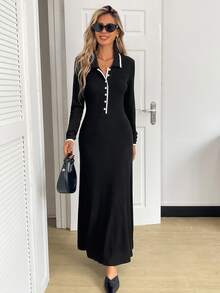 Elyressa Women's Front Button Long Sleeve Dress - Black - View 4