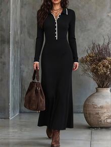 Elyressa Women's Front Button Long Sleeve Dress - Black - View 3