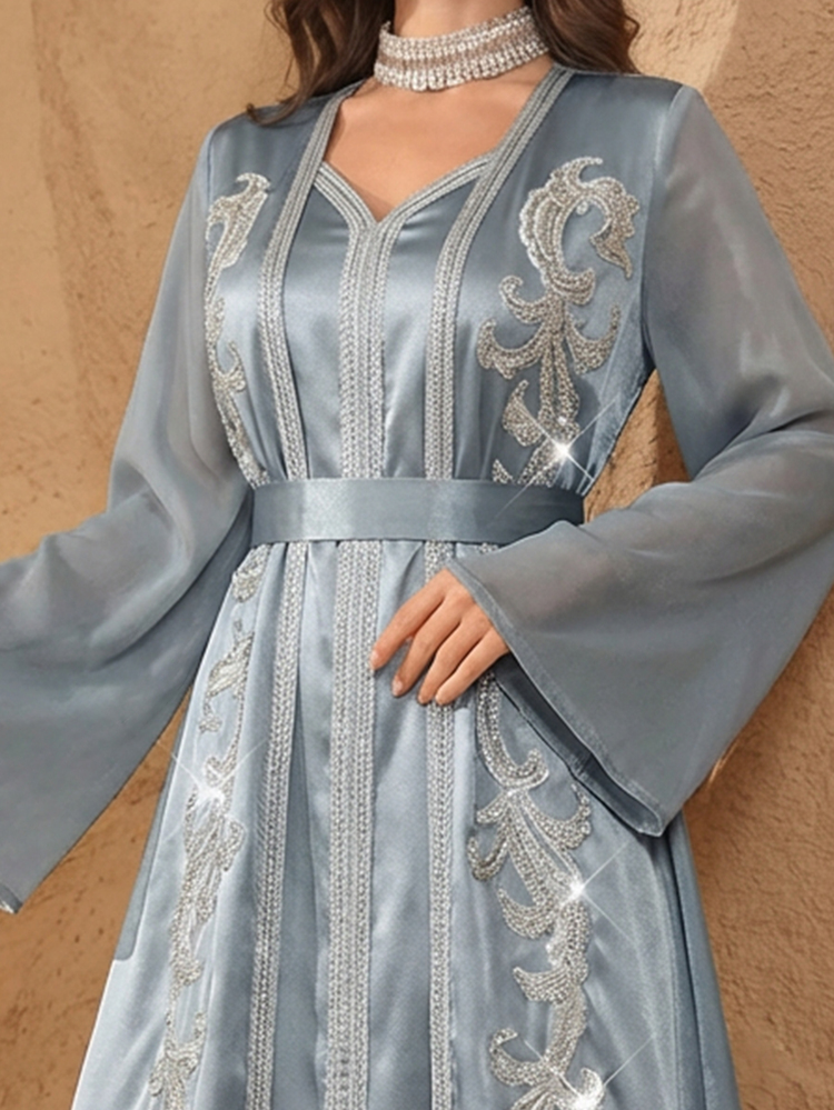 Al Najma Satin Solid Color Ribbon Decor, Adorn With Luxurious 3D Floral, Waist-Cinching Elegant 2 In 1 Arabian Dress - Blue - View 3