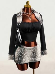 Mistrie Lady YK2 Cool Girl 2 Pieces Set, Long-Sleeved Patchwork Collar, Lace Trim, Low-Waist Skirt Two Pieces Set, Deer Print Dots Fur Fabric. Suitable For Dail - Black - View 6