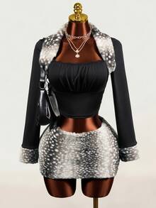 Mistrie Lady YK2 Cool Girl 2 Pieces Set, Long-Sleeved Patchwork Collar, Lace Trim, Low-Waist Skirt Two Pieces Set, Deer Print Dots Fur Fabric. Suitable For Dail - Black - View 7