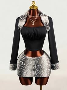 Mistrie Lady YK2 Cool Girl 2 Pieces Set, Long-Sleeved Patchwork Collar, Lace Trim, Low-Waist Skirt Two Pieces Set, Deer Print Dots Fur Fabric. Suitable For Dail - Black - View 4