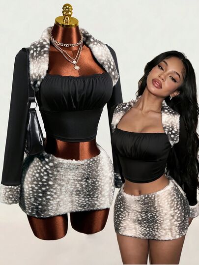 Mistrie Lady YK2 Cool Girl 2 Pieces Set, Long-Sleeved Patchwork Collar, Lace Trim, Low-Waist Skirt Two Pieces Set, Deer Print Dots Fur Fabric. Suitable For Dail