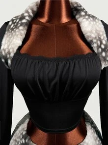 Mistrie Lady YK2 Cool Girl 2 Pieces Set, Long-Sleeved Patchwork Collar, Lace Trim, Low-Waist Skirt Two Pieces Set, Deer Print Dots Fur Fabric. Suitable For Dail - Black - View 9