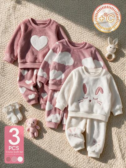 2pcs Toddler Baby Girls Pullover Sweatshirt Pants White Pink Rose Bunny Cloud Heart Embroidery Plush Fleece Long Sleeve Round Neck Fall Winter Holiday