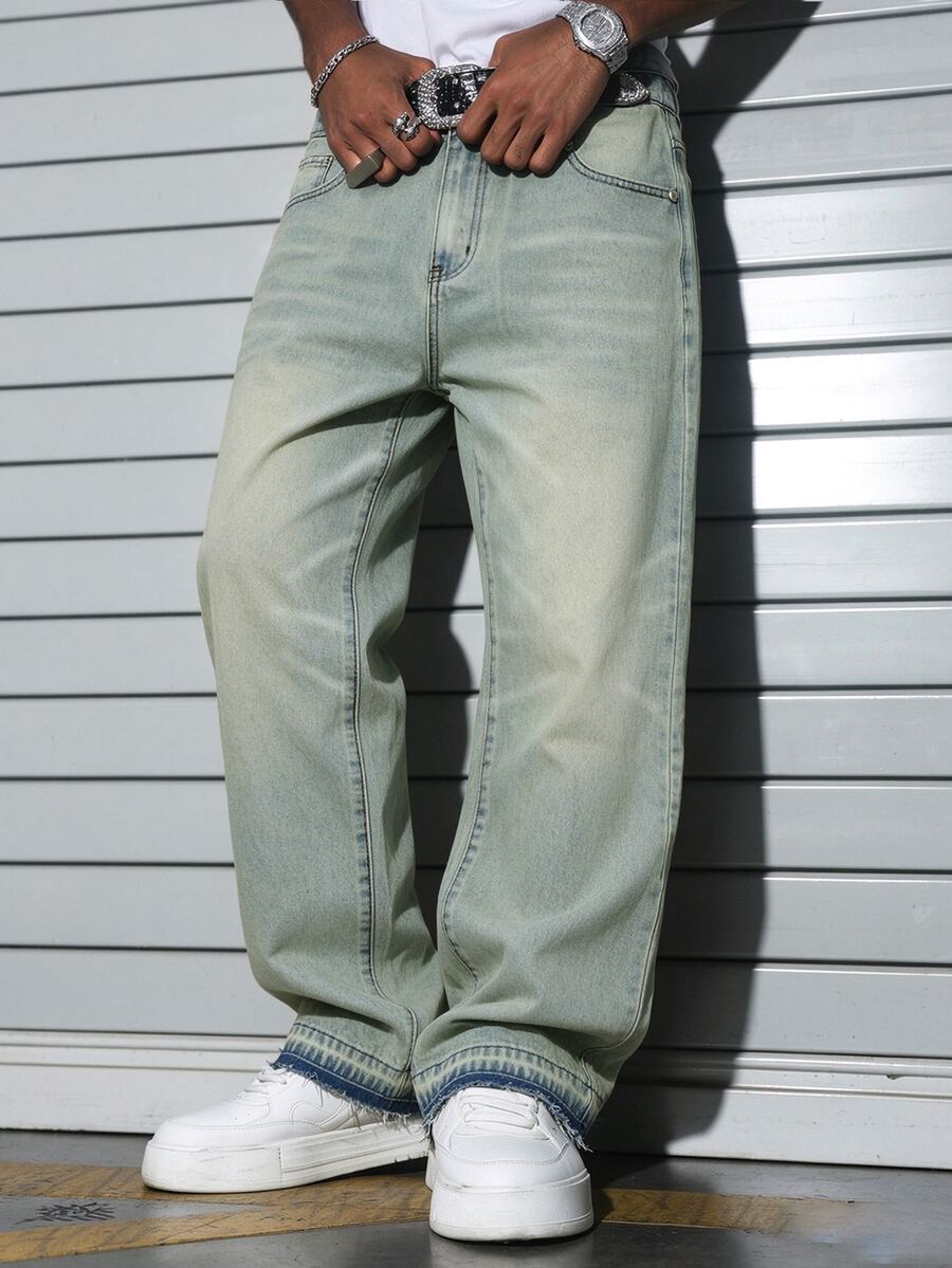 Manfinity EMRG Men's Casual Commuter Pants, Loose Straight Leg, Cement Gray Washed Design - Light Wash - View 1