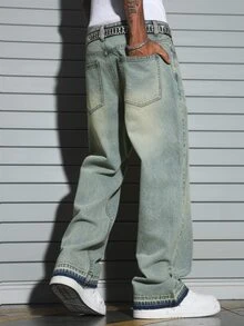 Manfinity EMRG Men's Casual Commuter Pants, Loose Straight Leg, Cement Gray Washed Design - Light Wash - View 2