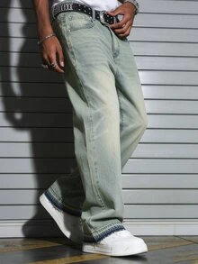 Manfinity EMRG Men's Casual Commuter Pants, Loose Straight Leg, Cement Gray Washed Design - Light Wash - View 4