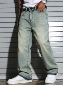 Manfinity EMRG Men's Casual Commuter Pants, Loose Straight Leg, Cement Gray Washed Design - Light Wash - View 3