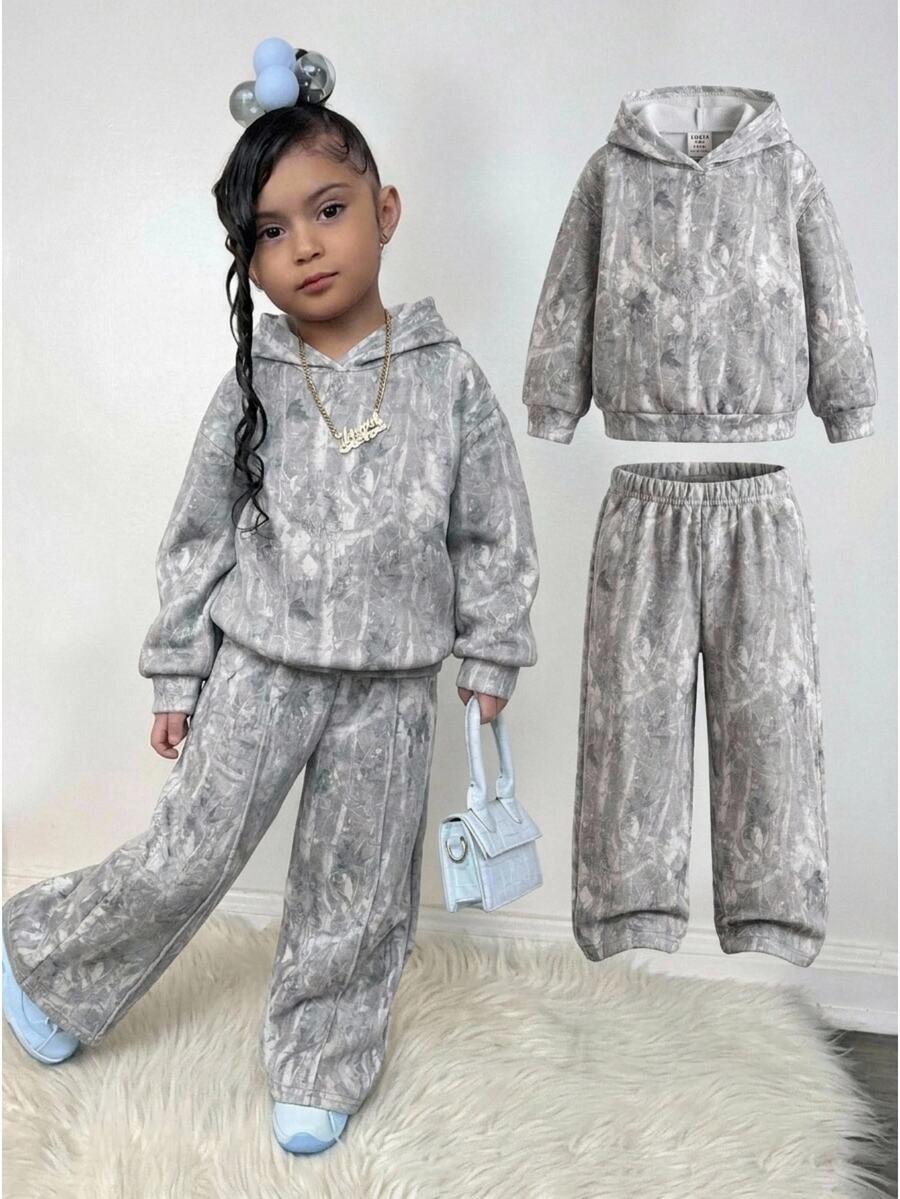 SHEIN Baby Girl Knitted Floral Hooded Casual Loose Sweatshirt & Long Pants 2 Pieces Set - Multicolor - View 1