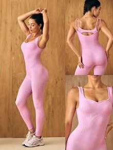GLOWMODE 24" Ultrafine Soft Seamless Glow Ahead Ribbed Waist Removable Cups Sweetheart Neckline Bodysuit Medium Impact Training Running Workout Gym Wear - Pink - View 13