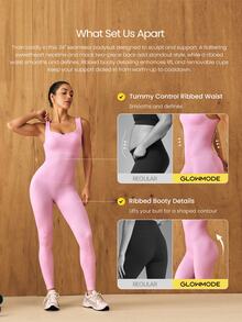 GLOWMODE 24" Ultrafine Soft Seamless Glow Ahead Ribbed Waist Removable Cups Sweetheart Neckline Bodysuit Medium Impact Training Running Workout Gym Wear - Pink - View 4