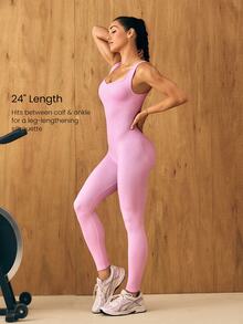 GLOWMODE 24" Ultrafine Soft Seamless Glow Ahead Ribbed Waist Removable Cups Sweetheart Neckline Bodysuit Medium Impact Training Running Workout Gym Wear - Pink - View 6