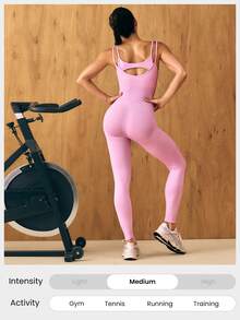 GLOWMODE 24" Ultrafine Soft Seamless Glow Ahead Ribbed Waist Removable Cups Sweetheart Neckline Bodysuit Medium Impact Training Running Workout Gym Wear - Pink - View 12