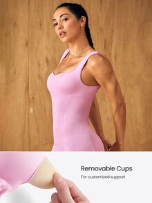 GLOWMODE 24" Ultrafine Soft Seamless Glow Ahead Ribbed Waist Removable Cups Sweetheart Neckline Bodysuit Medium Impact Training Running Workout Gym Wear - Pink - View 9