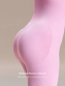 GLOWMODE 24" Ultrafine Soft Seamless Glow Ahead Ribbed Waist Removable Cups Sweetheart Neckline Bodysuit Medium Impact Training Running Workout Gym Wear - Pink - View 5