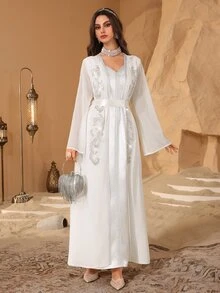Al Najma Al-Adha Elegant Satin Solid Color Ribbon Decor Faux Pearl Embroidery Waist Belt Kaftan Dress,Formal White Modest Full Length Jalabiya For Party - White - View 5