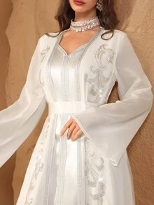 Al Najma Al-Adha Elegant Satin Solid Color Ribbon Decor Faux Pearl Embroidery Waist Belt Kaftan Dress,Formal White Modest Full Length Jalabiya For Party - White - View 3