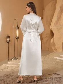 Al Najma Al-Adha Elegant Satin Solid Color Ribbon Decor Faux Pearl Embroidery Waist Belt Kaftan Dress,Formal White Modest Full Length Jalabiya For Party - White - View 2