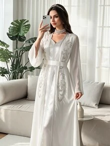 Al Najma Al-Adha Elegant Satin Solid Color Ribbon Decor Faux Pearl Embroidery Waist Belt Kaftan Dress,Formal White Modest Full Length Jalabiya For Party - White - View 1