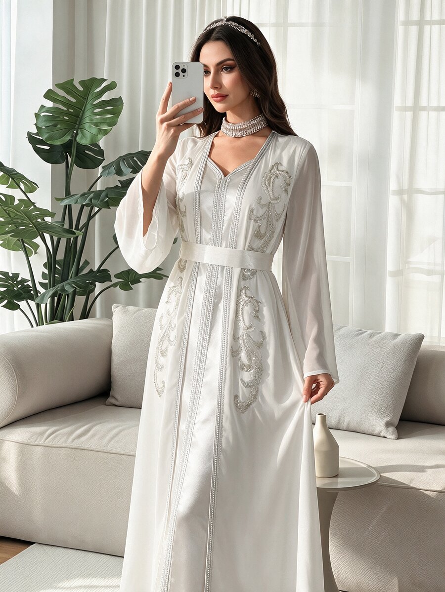 Al Najma Al-Adha Elegant Satin Solid Color Ribbon Decor Faux Pearl Embroidery Waist Belt Kaftan Dress,Formal White Modest Full Length Jalabiya For Party - White - View 1