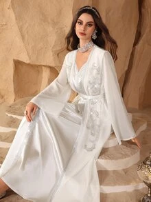Al Najma Al-Adha Elegant Satin Solid Color Ribbon Decor Faux Pearl Embroidery Waist Belt Kaftan Dress,Formal White Modest Full Length Jalabiya For Party - White - View 8