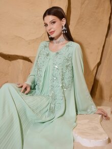 Al Najma 优雅珍珠刺绣拼接前褶裥女士长袖连衣裙 - 薄荷綠 - 查看 7