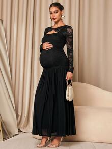 MaterniChic Maternity Contrast Lace Long Sleeve Elegant Party Occasion Dress Fall - Black - View 5