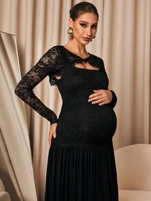MaterniChic Maternity Contrast Lace Long Sleeve Elegant Party Occasion Dress Fall - Black - View 6