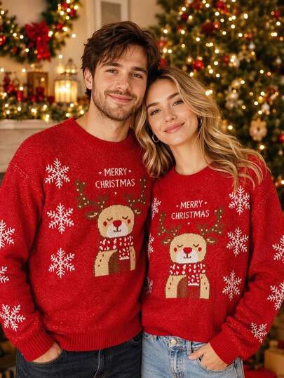 SHEIN LUNE LUNE Christmas Casual 90s Retro Vintage 70s Excl Baby Kids Women's Fall Red Sweater For Parent-Child Everyday Family Matching Holiday,Christmas Outfit