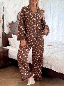 CottageSlumber Romantic Ditsy Floral Lapel Collar Flare Sleeve Plus Size Pajama Set - Brown - View 3