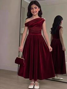 SHEIN Pitira 兒童青少年女孩秋冬休閒保暖內裡加厚毛絨對比色蝴蝶結荷葉領長袖拼接喇叭下擺針織洋裝 米白色兒童毛衣 - 白色 - 查看 9